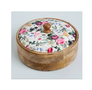 Boîte à chapati en bois de luxe avec couvercle, pour servir des roti, de forme ronde, fabriquée à la main, articles de cuisine imprimés - Product Image 6