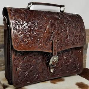Handmade Western Leather Hand <b>Bag</b> with Decorative Floral Carving Spacious Multi Pockets and Durable Business Office Design - Product Image 3