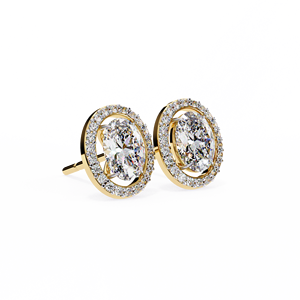 Boucles d'oreilles clous solitaires à halo géométrique en or blanc véritable 14K, avec diamant ovale flottant de laboratoire certifié IGI 0,50 carat et fermoir push-back - Product Image 3