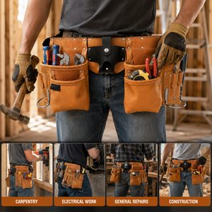 Customizable Genuine Leather Tool Bag Heavy Duty Multi Pocket Tool Belt Organizer <b>Work</b> <b>Pouch</b> for Carpenters Electricians Builder - Product Image 3