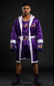 Ensemble de robe de boxe HAWK SPORTS INDUSTRIES MOPK, violet et blanc, satin polyester, robe d'entraînement durable, gants confortables, toutes saisons - Product Image 6