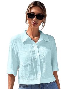 V-Collar Solid Crop <b>Shirt</b> for Women with <b>Half</b> Sleeves, Polyester, Regular Fit - Product Image 3