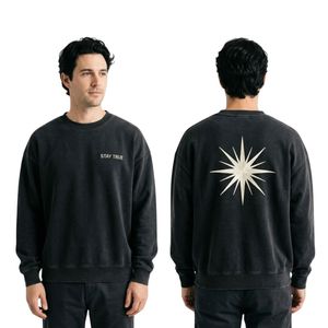 <b>Black</b> Cotton Fleece Men's Minimal Lettering Chest Detail Long Sleeve Crewneck Urban Blank <b>Sweatshirts</b> - Product Image 3