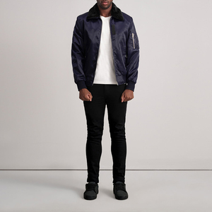 Men's Navy Blue Satin Bomber <b>Jacket</b> with Removable Black Faux Fur Collar Zipper Up Shiny Silk Flight <b>Jacket</b> Casual Winter Coat - Product Image 4