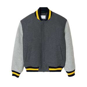 Chaqueta Varsity de Lona 100% Lana para Hombre, Gris con Ribete Amarillo, Cuello Alto, Resistente al Viento, Corte Regular, Informal, para Invierno - Product Image 2