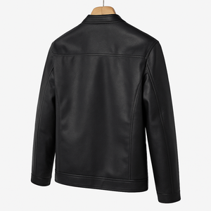 Men's <b>Black</b> PU Leather Moto <b>Jacket</b> Stand Collar Zipper Closure Regular Fit Solid Color Autumn Wear - Product Image 2