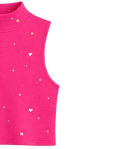 Débardeur court côtelé rose vif personnalisé à col montant sans manches avec imprimé cœurs et étoiles pour femme, coupe ajustée extensible, mode estivale - Product Image 3