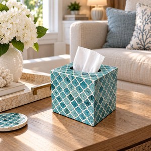 Porte-mouchoirs en céramique marocaine, motif géométrique bleu, pour salle de bain - Product Image 4