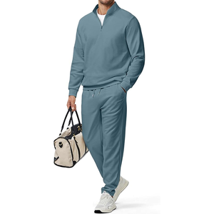 Men's Quarter-Zip Fleece Tracksuit <b>Set</b> Solid Color Casual Autumn Wear Breathable <b>Knitted</b> Cotton Pants and Top - Product Image 1
