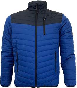 OEM Men Thin Two Tone Puffer <b>Jacket</b> <b>Waterproof</b> Breathable Blue Black Splice <b>Winter</b> Bubble Coat Zipper Pocket Front Full Sleeve - Product Image 1