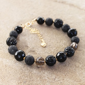 Natural Round Black ObsedianGemstone Jewelry Accessory Crystal Stone Beaded Bracelets for Women <b>Men</b> in 925 Silver Gold Plated - Product Image 4