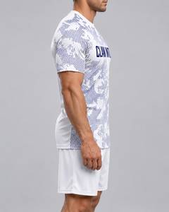 Maillot de football pour homme, blanc et bleu, impression par sublimation, col rond, manches courtes, polyester respirant, coupe ajustée - Product Image 4