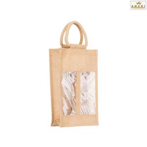 Bolsa de yute para botella de vino con logo personalizado impreso, ecológica, reutilizable, con ventana transparente, bolsa de regalo con 2 compartimentos para compras. - Product Image 3