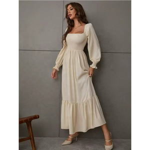 Y2K White Summer Polyester <b>Dress</b> for Women Casual Long Shirred <b>Ruffle</b> Hem With Square Neck and High Waist Long Sleeves - Product Image 2