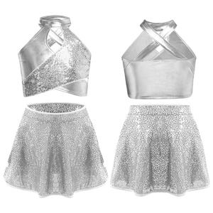 6-14 Kids Girls Ballroom Dance Costume Jazz Latin Dance Costume Metallic Crop <b>Top</b> With Skirt Sets For Competition Dancing - Product Image 3