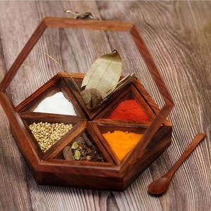 Rustic Wooden Masala Organizer <b>Box</b> 9-Compartment Spice Storage with Glass Lid <b>Herb</b> & Spice Tools Durable Hand Wash Only - Product Image 4