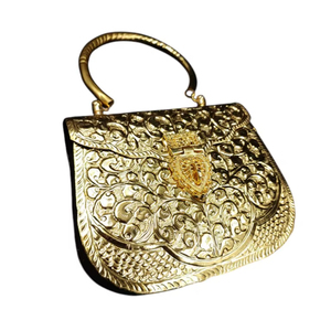 <b>Gold</b> Tone Carved Metal Evening <b>Bag</b> with Rounded Handle Ornate Floral Surface Luxury Womens Formal Wedding Handheld Purse Export - Product Image 1