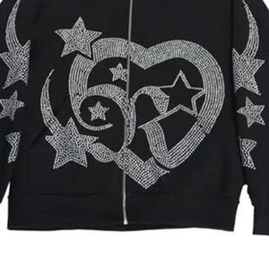 Sweat à capuche zippé noir 2026 orné de strass et de cristaux, en coton lavé 100 %, coupe décontractée unisexe, style streetwear - Product Image 6