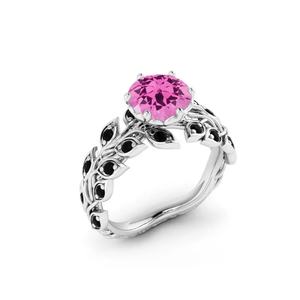 Bague en argent sterling 925 avec spinelle rose naturelle ronde, bague luxueuse avec pierre précieuse spinelle noire, bague à feuille, bijoux en gros, fournisseur régulier - Product Image 2