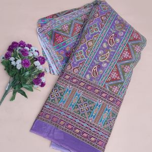Tela de Crepé Ligera Color Violeta Púrpura, 54 Pulgadas, con Bordado Geométrico/Paisley, Material para Kurtis y Túnicas - Product Image 2
