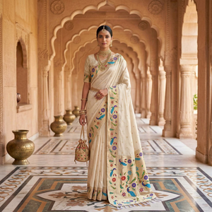 Sari en soie crème avec motifs floraux et de paon, tissage Meenakari, tenue de mariage indienne traditionnelle pour femmes - Product Image 4