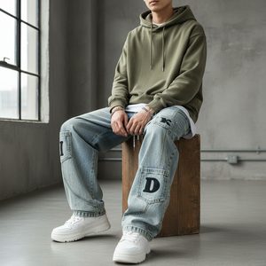 Jean en denim style américain vintage, imprimé numérique, écologique, séchage rapide, coupe droite, taille mi-haute, imprimé lettres, streetwear - Product Image 5