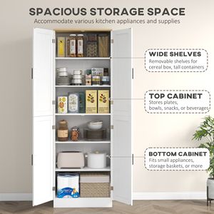 "Modern Freestanding Wood <b>Kitchen</b> <b>Pantry</b> with 4 Doors Adjustable Shelves Distressed White MDF Construction" - Product Image 4