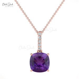 Popular Products 6mm Cushion Cut African Amethyst Dangling <b>Pendant</b> with 14k <b>Solid</b> <b>Gold</b> Diamond Accent Wedding Gift <b>Pendant</b> - Product Image 2