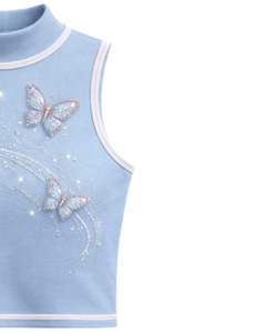 Débardeur côtelé bleu ciel personnalisé pour femme avec col montant et motif papillon en strass, sans manches, été, fabrication sur mesure - Product Image 5