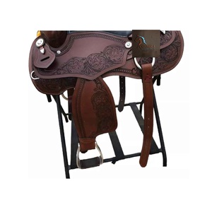 Selle de course pour chevaux Western en cuir marron, avec motif en relief floral et ondulations, design panier, siège souple noir, 10 à 18 pouces, LLT - Product Image 2