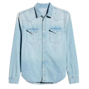 Chemise en jean pour homme Stone Blue Cowboy, en coton, manches longues, coupe ajustée, boutons pression perlés, col occidental, avec poches - Product Image 4