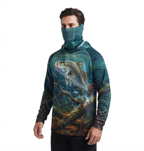 Upf50+ <b>Sun</b> Protection Quick Dry Fishing Hoodies Long Sleeve Polyester Mens Fishing <b>Shirts</b> With Face Mask - Product Image 4