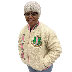 Chaqueta Bomber Sherpa AKA, Color Crema, Rosa y Verde, Unisex, Forro Polar, Estilo Universitario, Chaqueta Informal Cálida, Colección de Ropa de Moda - Product Image 3