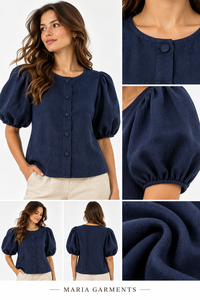 Wholesale Women Navy Blue Woven <b>Linen</b> Solid Simple Crew Neck Balloon Sleeve Button Down Blouse Casual Summer Shirt - Product Image 4