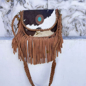 Bolso de Hombro Estilo Occidental con Flecos de Piel de Vaca, Bolsos de Estilo Bohemio con Piedras Turquesas, Bolsos Vintage para Mujer - Product Image 1