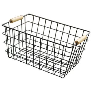 Panier de rangement en fil métallique avec poignée en bois, organisateur portable en métal pour le bureau, la salle d'étude, la cuisine, les collations, les fruits et les légumes - Product Image 1