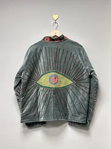 Chaqueta de terciopelo verde salvia de lujo con bordado de ojo turco multicolor, cuello alto, manga larga, ropa exterior de otoño para mujer - Product Image 5
