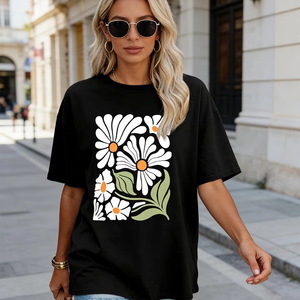 T-shirt imprimé graphique 100 % coton pour femme, col rond, coupe ample et confortable, manches courtes, idéal pour l'été - Product Image 1