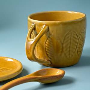 Beige Striped Ceramic Soup Mug with Lid and Spoon <b>Microwave</b> Safe <b>Set</b> of 2 for Tea or Coffee Sublimation Blank - Product Image 1