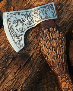 Wholesale Hand Forged Viking Bearded <b>Axe</b> with Carved <b>Wooden</b> Handle Bushcraft Camping Hatchet Gift Box and Leather Sheath - Product Image 2