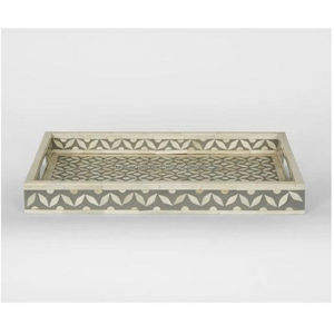 Plateau en bois artisanal poli, écologique, motif chevron noir, incrustation d'os, bords ivoire, pour une cuisine, une salle à manger et une maison élégantes - Product Image 4