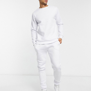 Chándal de Algodón Blanco para Hombre, Cuello Redondo, Color Sólido Informal, con Bolsillos Laterales, Cintura Elástica, Corte Regular, Ropa de Primavera - Product Image 1