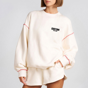 Ensemble sweat-shirt et short en polaire décontracté pour femmes, hiver, 100% coton, écologique, respirant, séchage rapide, logo personnalisé sur le devant, couleur personnalisable - Product Image 1