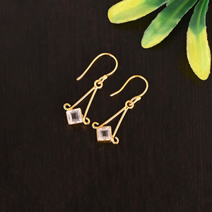 Natural Rose Quartz Gemstone Gold Plated 925 Sterling <b>Silver</b> Square Minimalist <b>Dangle</b> Bezel Setting <b>Earrings</b> for Women - Product Image 1
