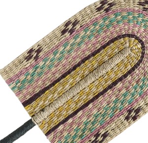 Artisan made striped seagrass <b>fan</b> in teal <b>pink</b> brown and gold traditional decorative cooling piece for living room and wall art - Product Image 4