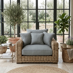 Fauteuils Saint Martinez en bois d'acajou et rotin Kuboo gris tressé, fauteuil en tissu gris épais, mobilier de patio haut de gamme pour resort - Product Image 4