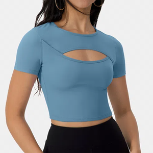 Top Corto de Punto Calado Color Durazno para Mujer, Manga Corta, Cuello Redondo, Corte Ajustado, Estilo Deportivo, para Primavera/Verano - Product Image 6