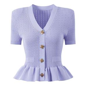 Cardigan en maille pour femme, design élégant, respirant, col en V, manches courtes ajourées, à volants, décontracté, blanc, noir, boutonné, uni - Product Image 5