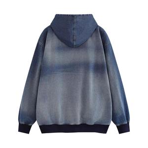 Veste à capuche zippée en jean vintage surdimensionnée pour homme, effet vieilli et délavé, style streetwear personnalisé - Product Image 1
