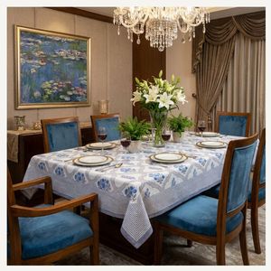 Best Price European Jacquard Floral Rectangle 4-6 Seater Tablecloth 150x220cms Blue White Woven <b>Table</b> <b>Cover</b> for Home Dining Room - Product Image 1